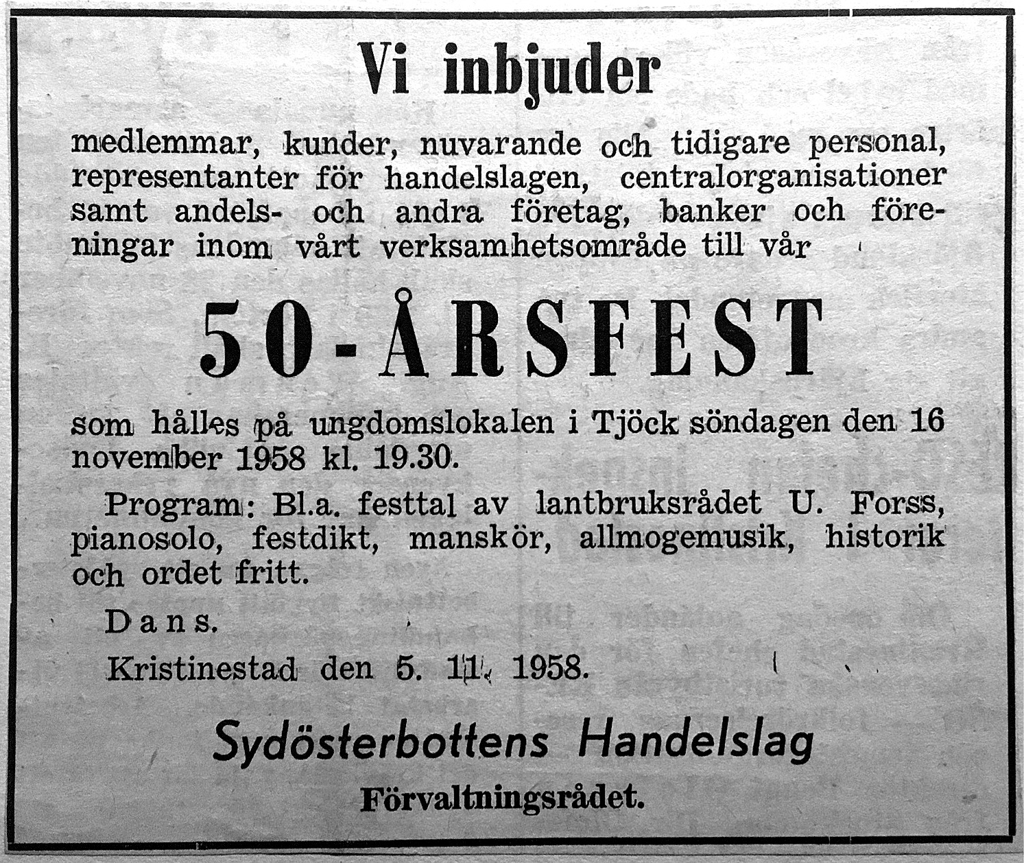SÖH:s 50-års fest i Tjöck 1958. – Dagsmark förr nu